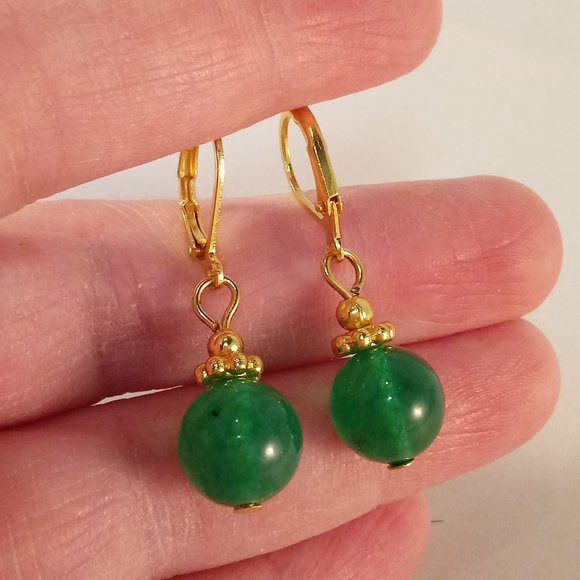 Natural 10mm Green Jade Gemstone Bead Dangle Earrings AAA Yellow Gold Party Gift - Picture 4 of 4